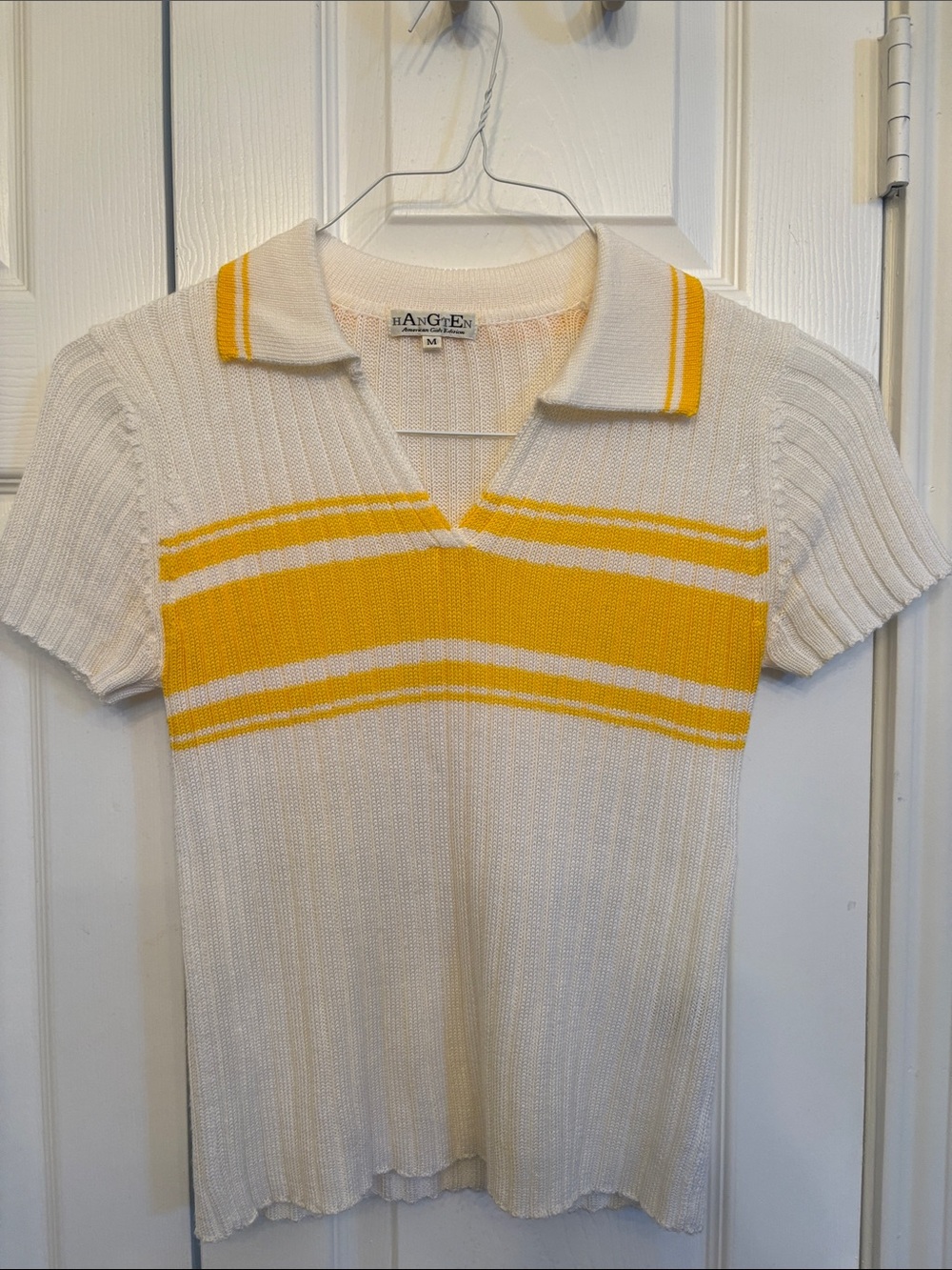 Vintage Hang Ten Women's White Polo Sweater with Yellow Chest Stripes